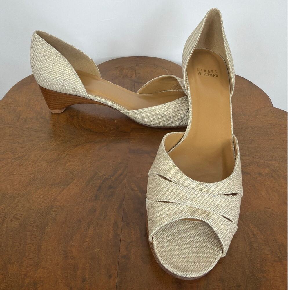NIB Stuart Weitzman Cream Woven Fabric Short Stacked Heel Slide Sandal Box 10